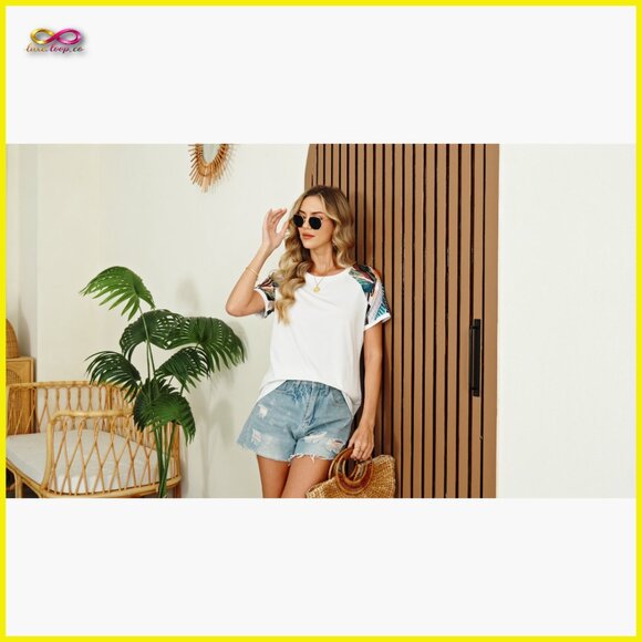 Color Block Raglan Tee Loose Fit Polyester Rayon Spandex Summer Vacation Top - Picture 6 of 7